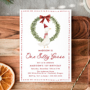 One Silly Goose Christmas Red Bow 1st Birthday Invitation