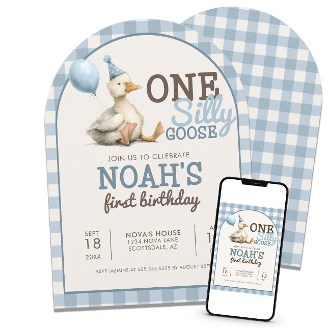 One Silly Goose Customized Blue 1st Birthday Arch Invitation (Creator Uploaded)