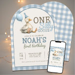 One Silly Goose Customized Blue 1st Birthday Arch Invitation<br><div class="desc">Celebrate your little one’s first trip around the sun with this charming One Silly Goose Personalized 1st Birthday Arch Invitation. Featuring a playful goose illustration, whimsical typography, and a modern arch shape, this invitation perfectly captures the fun and joy of a first birthday celebration. Whether you're planning a cozy backyard...</div>