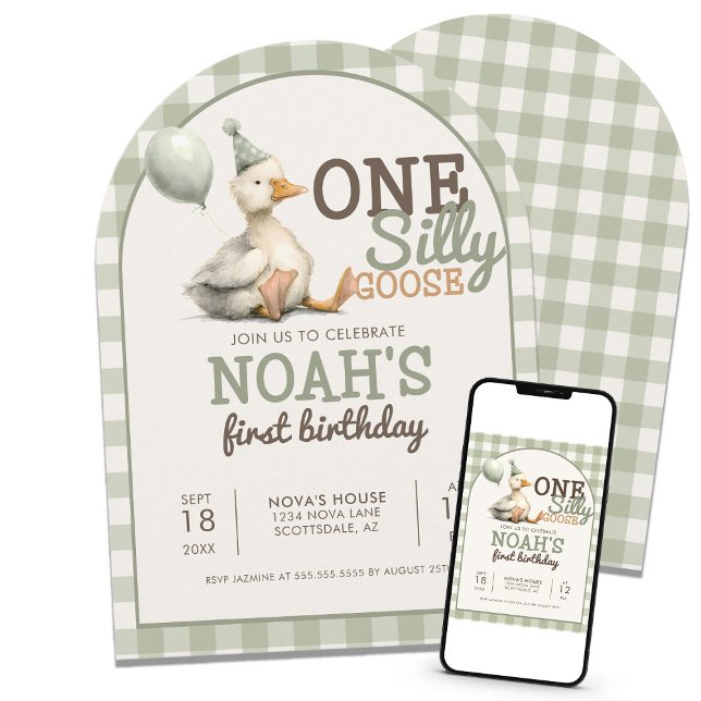 One Silly Goose Customized Green 1st Birthday Arch Invitation (Creator Uploaded)
