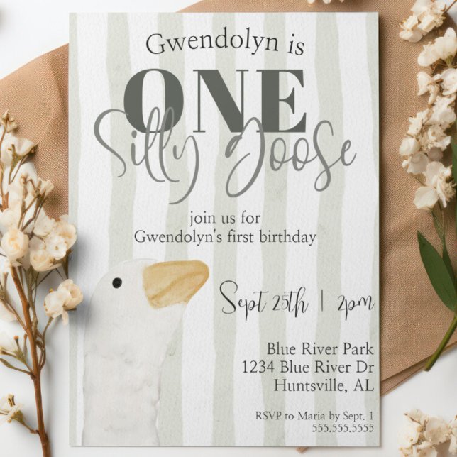 One Silly Goose Cute Watercolor 1st Birthday Party Invitation (One silly goose first birthday party invitation cute watercolor boy or girl 1st bday party  green)
