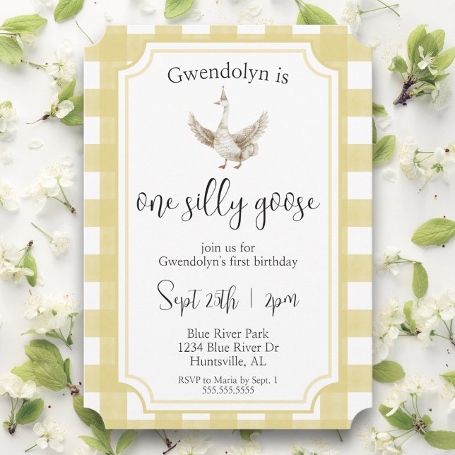 "One Silly Goose" Cute Yellow First Birthday Party Invitation ("one silly goose" yellow gingham first birthday party invitations watercolor gender neutral invite)