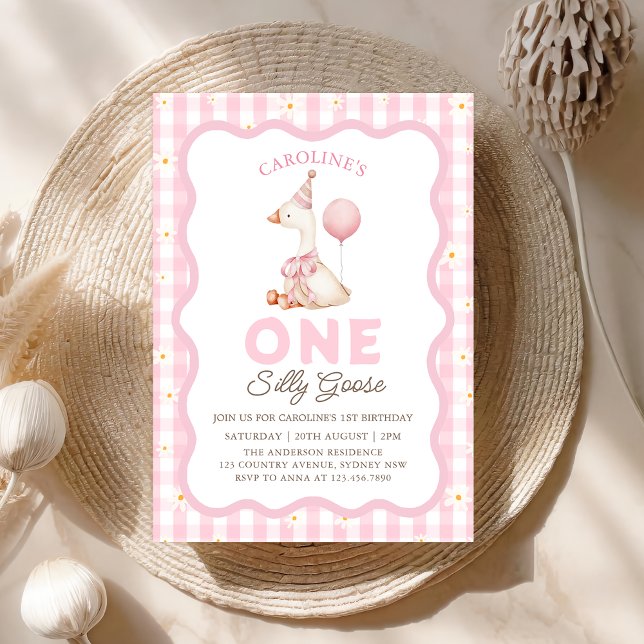 One Silly Goose Daisy Gingham 1st Birthday Invitation (Creator Uploaded)