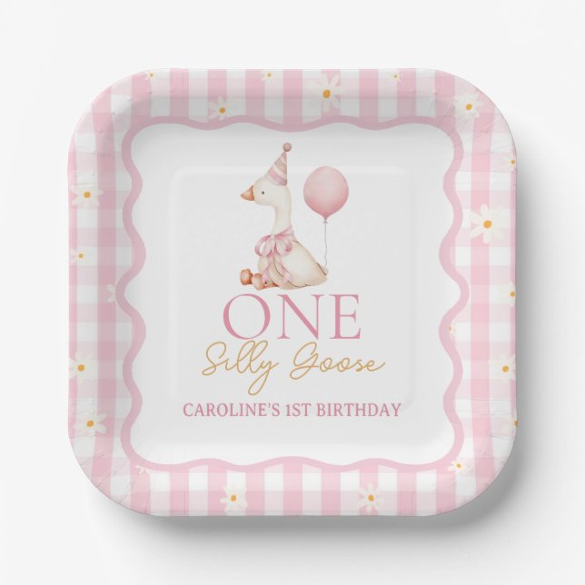 One Silly Goose Daisy Gingham 1st Birthday Paper Plates (Front)