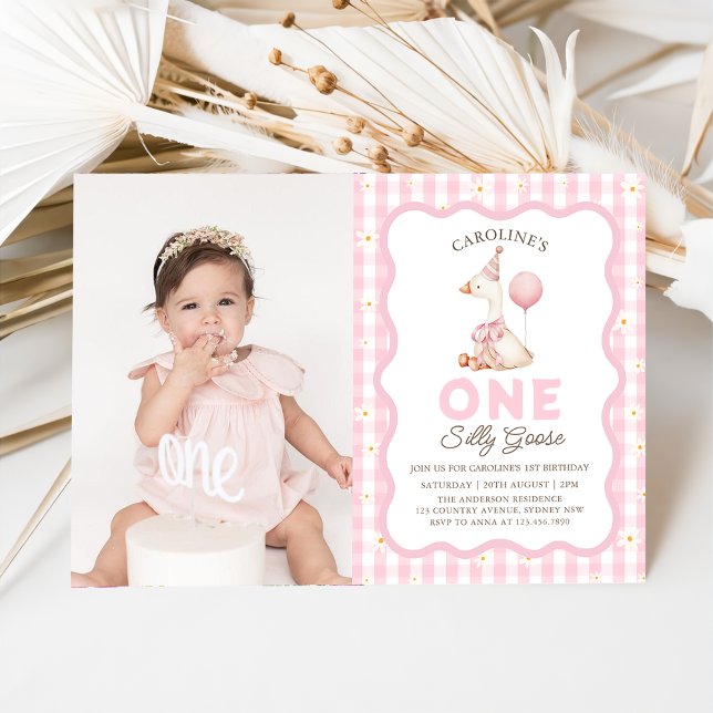 One Silly Goose Daisy Gingham 1st Birthday Photo Invitation (Creator Uploaded)