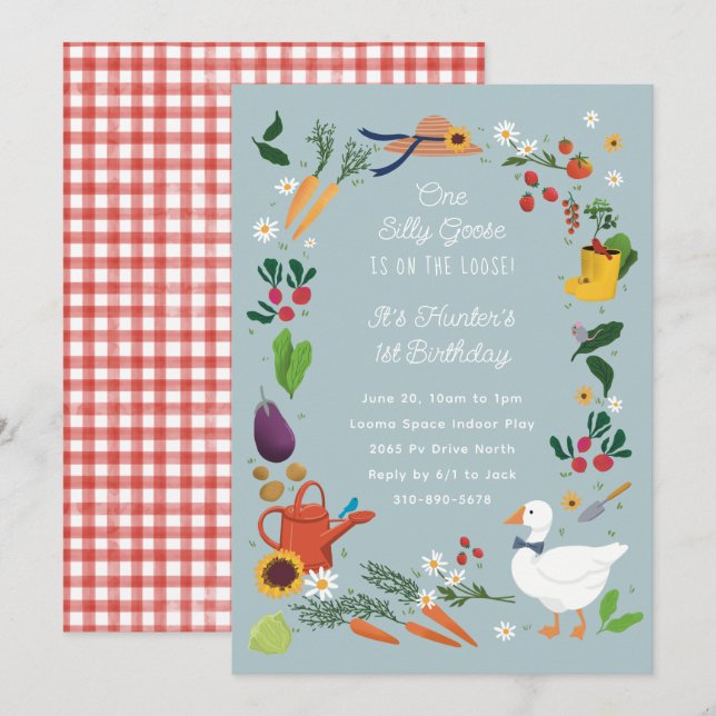One Silly Goose Farmer Garden Theme Birthday Invitation (Front/Back)