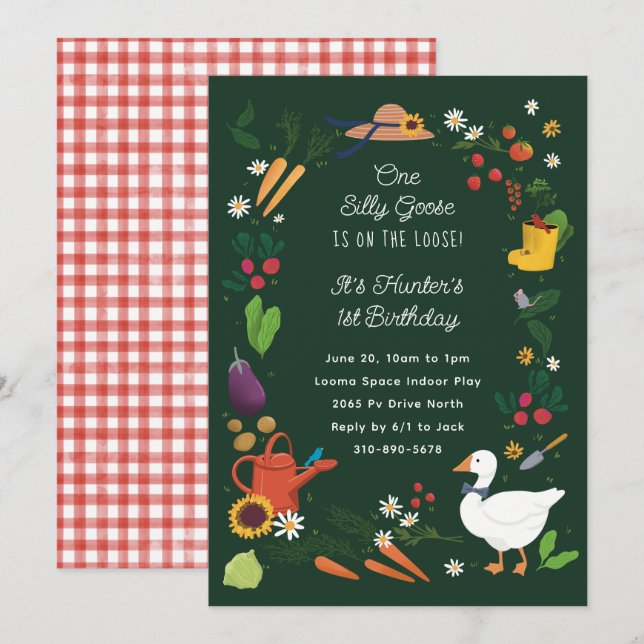 One Silly Goose Farmer Garden Theme Green Birthday Invitation (Front/Back)