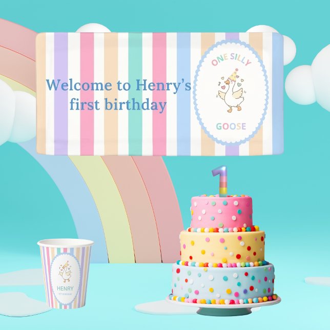 One Silly Goose First Birthday High Chair Banner (​Cute "One Silly Goose" high chair banner! Pastel stripes for the big #1. Perfect photo backdrop!)
