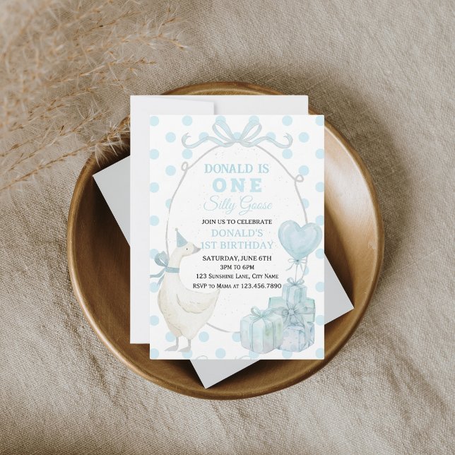 One Silly Goose First Birthday Invitation Boy Blue (One Silly Goose is turning ONE! 🦢 Get this adorable, high-quality invite & party like a flock!)