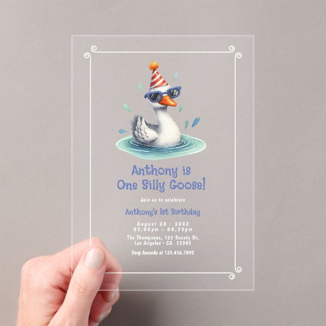 One Silly Goose First Birthday Party Acrylic Invitations (Insitu (Handheld))