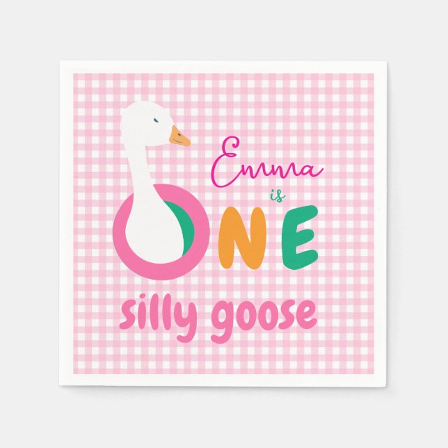 One Silly Goose First Birthday Party Pink Gingham Napkins (Front)
