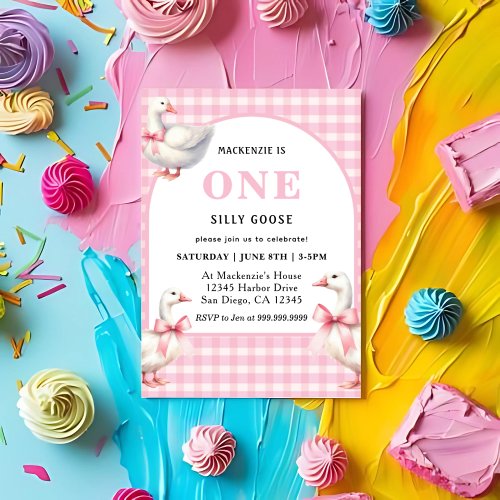 One Silly Goose First Birthday pink Invitation