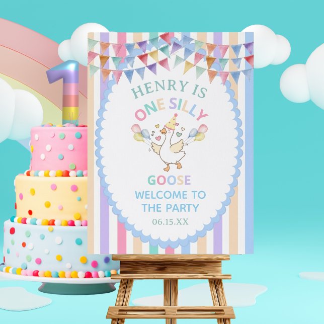 One Silly Goose First Birthday Welcome  Foam Board (Cute "One Silly Goose" Welcome Sign! Pastel stripes & whimsical charm. Perfect 1st birthday entry!)