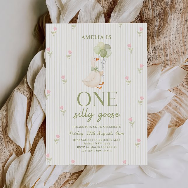 One Silly Goose Floral 1st Birthday Invitation (Creator Uploaded)