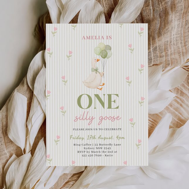 One Silly Goose Floral 1st Birthday Invitation (Creator Uploaded)