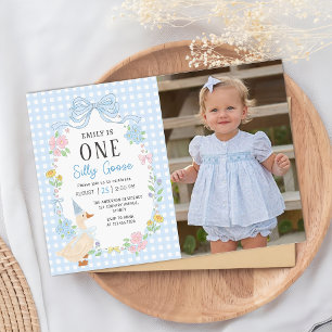 One Silly Goose Floral 1st Birthday Photo Invitation
