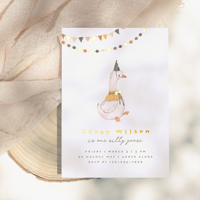 One Silly Goose Gender Neutral 1st Birthday Party Foil Invitation (Creator Uploaded)