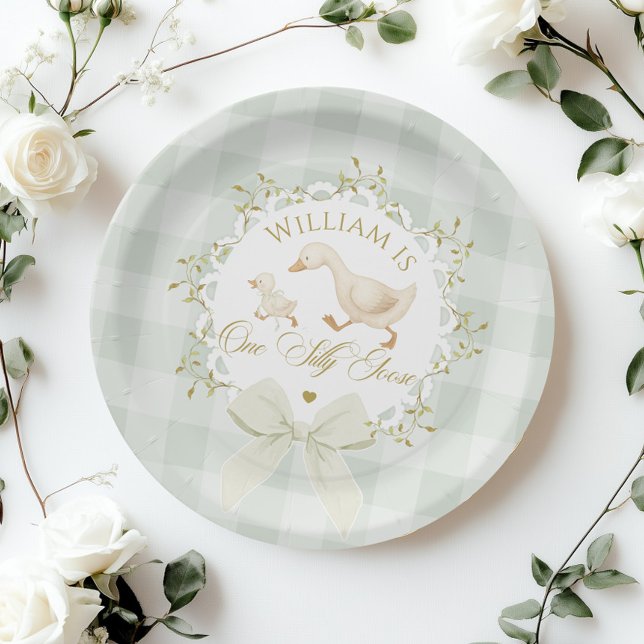One Silly Goose Gender neutral Sage green Birthday Paper Plates (Creator Uploaded)