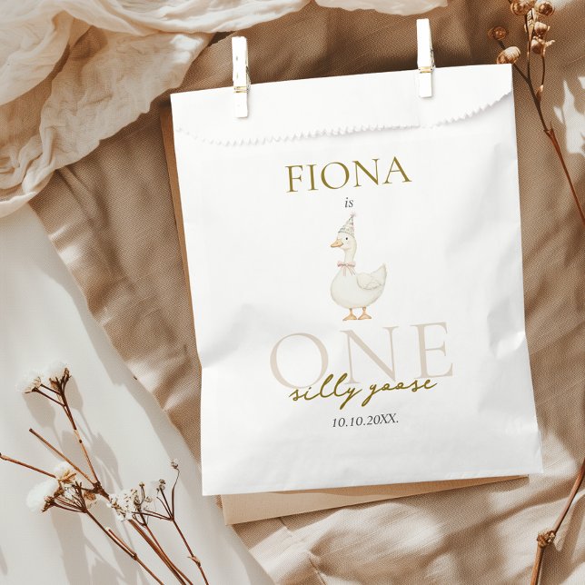 One Silly Goose Gingham 1st Birthday Favor Bag (One Silly Goose Favor Bags Gingham Beige Gender Neutral Party Favors 1st Birthday)