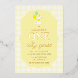 One Silly Goose Gingham 1st Birthday Foil Invitation