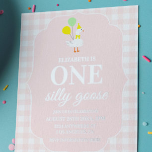 One Silly Goose Gingham 1st Birthday Foil Invitation