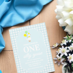 One Silly Goose Gingham 1st Birthday Invitation
