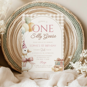 One Silly Goose Gingham 1st Birthday Invitation
