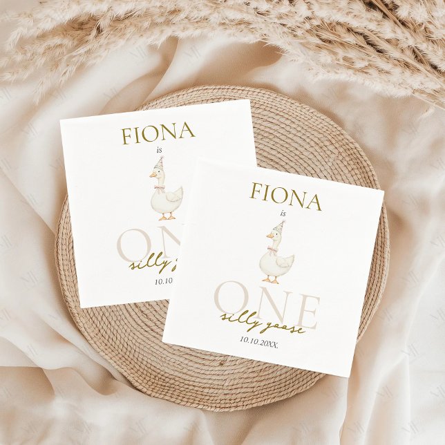 One Silly Goose Gingham 1st Birthday Napkins (One Silly Goose 1st Birthday Napkins Farm Animals Cute Theme Custom Personalized)