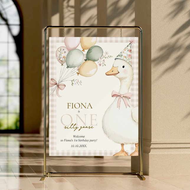 One Silly Goose Gingham 1st Birthday Welcome Sign (One Silly Goose 1st Birthday Welcome Sign Beige Gingham Gender Neutral)