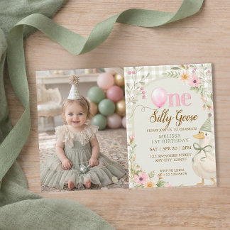 One Silly Goose Gingham Floral Girl 1st Birthday  Invitation