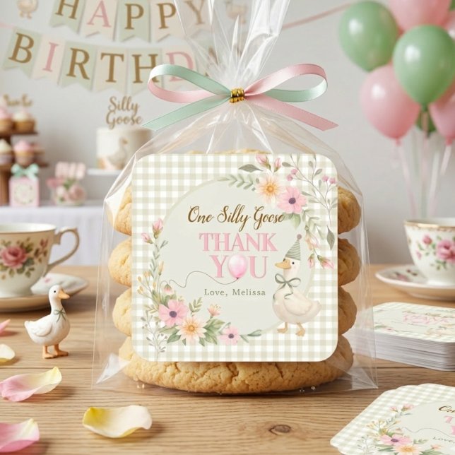 One Silly Goose Gingham Floral Thank You Square Sticker (Creator Uploaded)