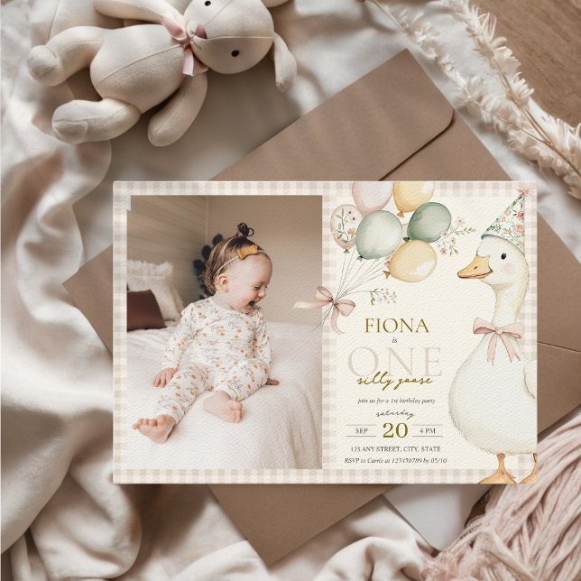One Silly Goose Gingham Neutral 1st Birthday Photo Invitation (One silly goose Photo 1st Birthday Invitation with Beige Gingham Watercolor Cute Aesthetic Girl Boy)