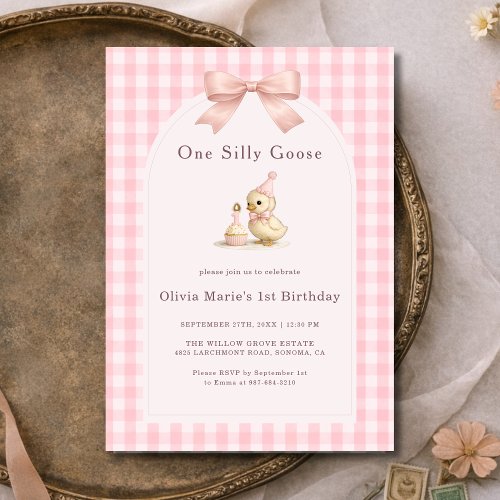 One Silly Goose Gingham Pink Bow Girl 1st Birthday