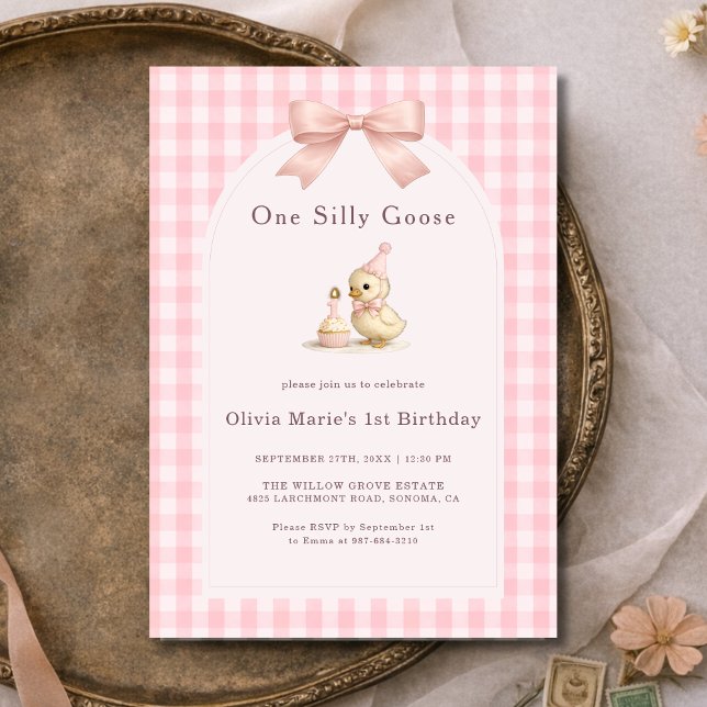 One Silly Goose Gingham Pink Bow Girl 1st Birthday Invitation (Creator Uploaded)