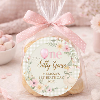 One Silly Goose Gingham Pink Flora Birthday Party  Classic Round Sticker