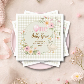One Silly Goose Gingham Pink Flora Birthday Party  Napkins