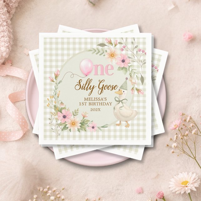 One Silly Goose Gingham Pink Flora Birthday Party  Napkins (Creator Uploaded)