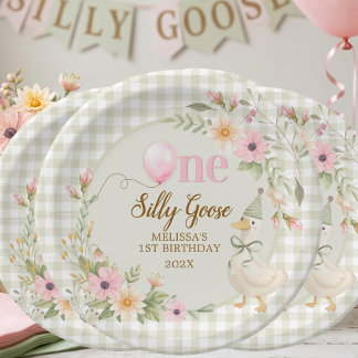 One Silly Goose Gingham Pink Flora Birthday Party  Paper Plates