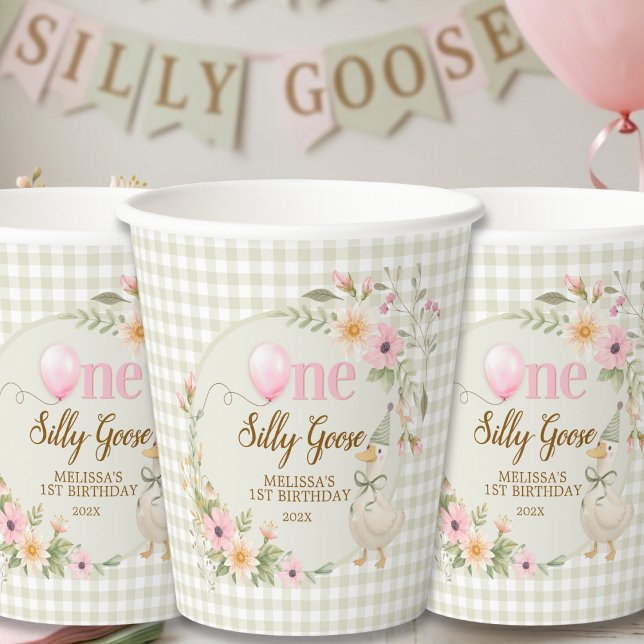 One Silly Goose Gingham Pink Floral Birthday  Paper Cups (Creator Uploaded)