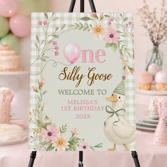 One Silly Goose Gingham Pink Floral Birthday Party Foam Board (Creator Uploaded)