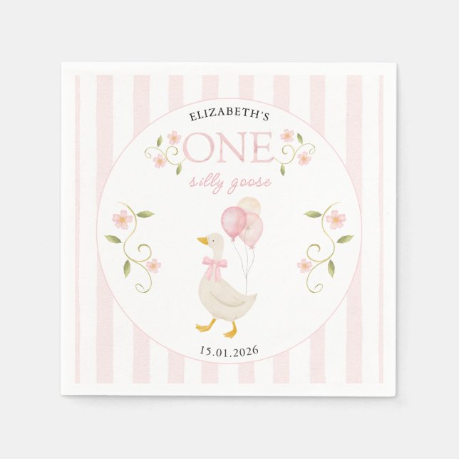 One Silly Goose Girl 1st Birthday Pink Napkins (Front)
