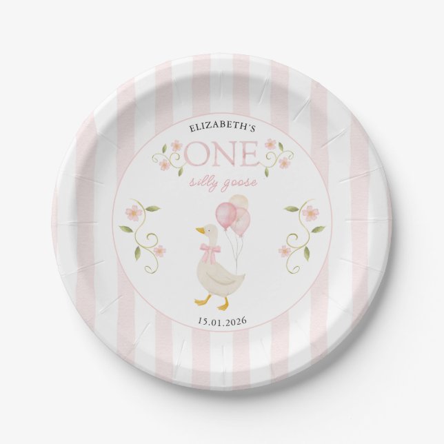 One Silly Goose Girl 1st Birthday Pink Paper Plates (Front)