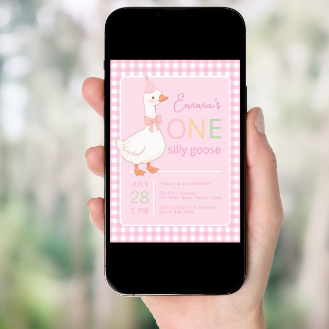 One Silly Goose Girl First Birthday Party Hat Pink Invitation (Front Digital)