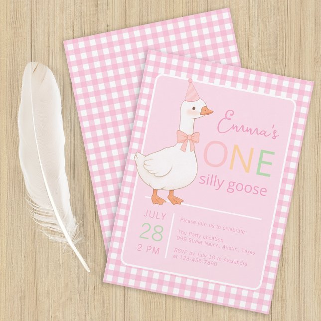 One Silly Goose Girl First Birthday Party Hat Pink Invitation (Creator Uploaded)