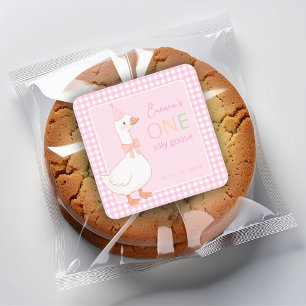 One Silly Goose Girl First Birthday Pink Party Hat Square Sticker