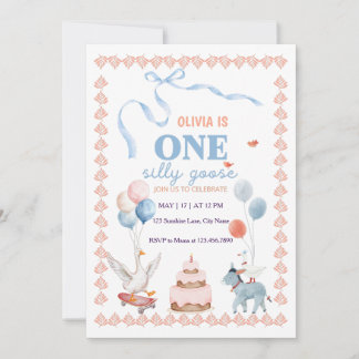 One Silly Goose Girl First Birthday Watercolor Invitation