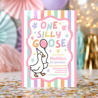 One Silly Goose Girl Pastel 1st Birthday Party Invitation