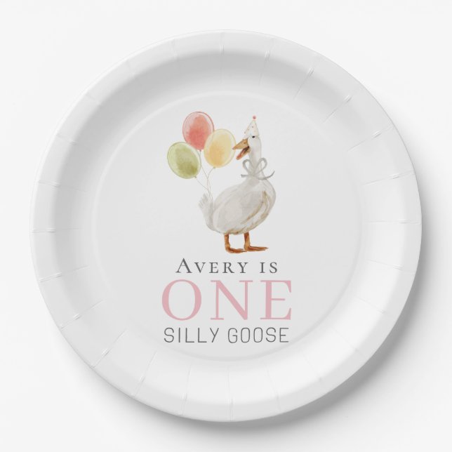 One Silly Goose Girl Pink 1st Birthday Paper Plates (Front)