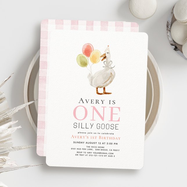 One Silly Goose Girl Pink Gingham 1st Birthday Invitation (Creator Uploaded)