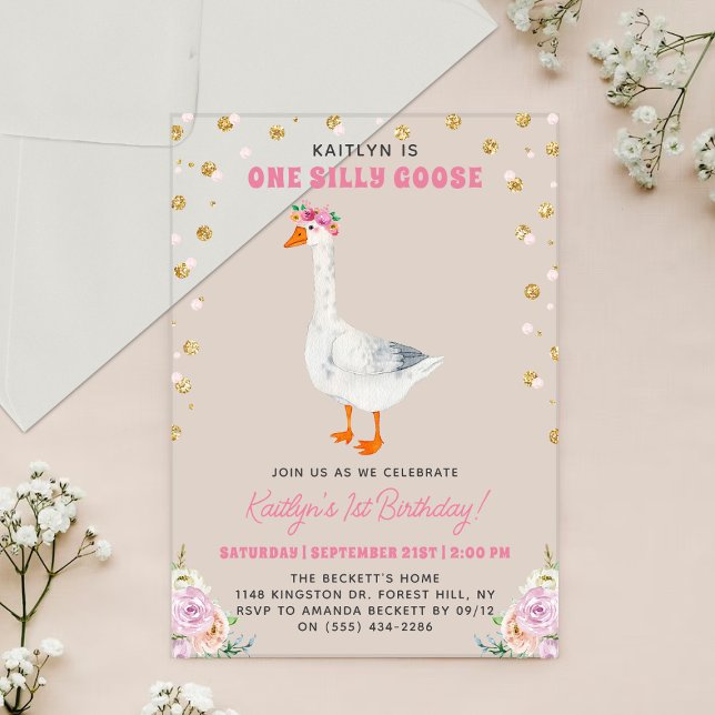 One Silly Goose Girls 1st Birthday Acrylic Invitations (Creator Uploaded)